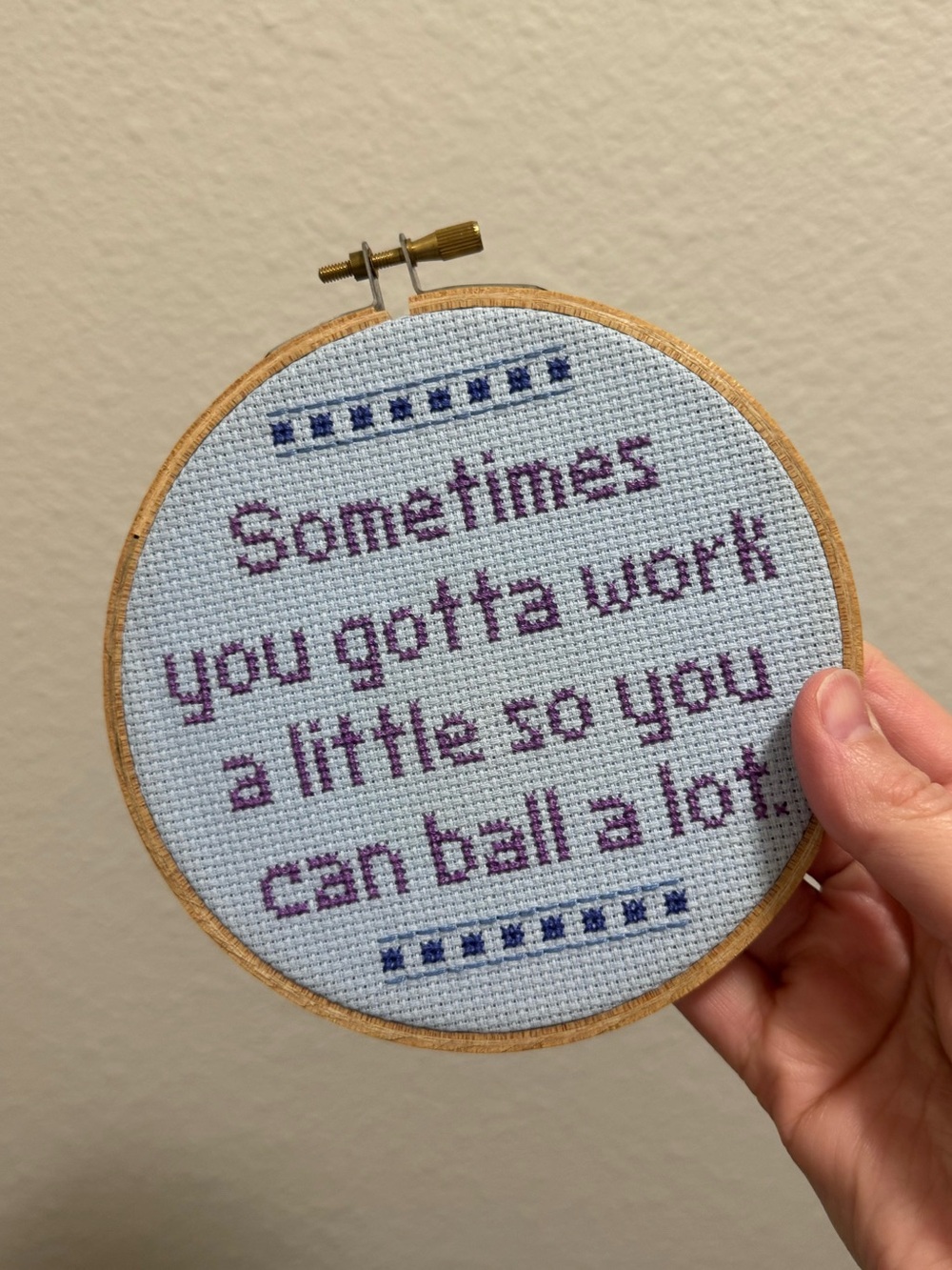 Handcrafted Cross-Stitch Hoop - Purple Text on Light Blue